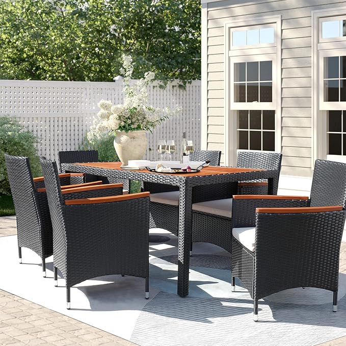 Outdoor Dining Set Flamaker 7 Piece Patio Dining Set Outdoor Acacia Wood Table and Chairs with Soft Cushions Wicker Patio Furniture for Deck, Backyard, Garden
