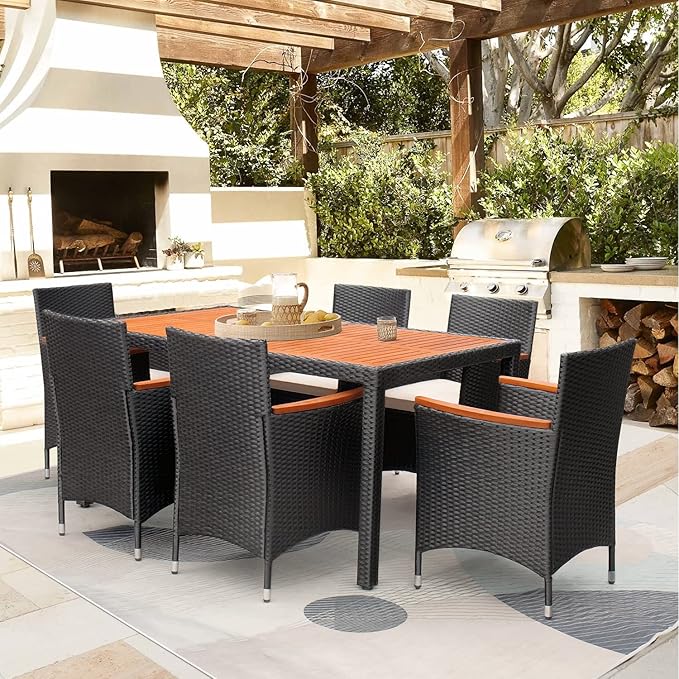 Outdoor Dining Set Flamaker 7 Piece Patio Dining Set Outdoor Acacia Wood Table and Chairs with Soft Cushions Wicker Patio Furniture for Deck, Backyard, Garden