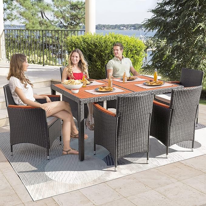 Outdoor Dining Set Flamaker 7 Piece Patio Dining Set Outdoor Acacia Wood Table and Chairs with Soft Cushions Wicker Patio Furniture for Deck, Backyard, Garden