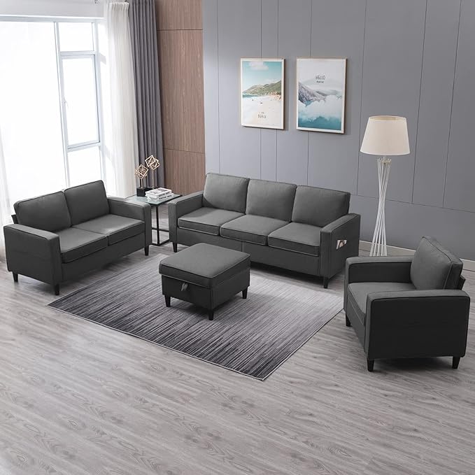 BALUS 78" 4 Piece Living Room Sofa Set, 3 Seater Sofa with Storage Ottoman and Loveseat and Armchair Furniture Set, Modern Linen L Shaped Sectional Couches for Living Room Apartment (Dark Grey)