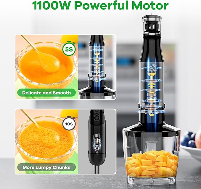 Multifunctional Hand Blender Set Immersion Blender Handheld Corded Hand Blenders Set 1100W, Trigger Variable Speed 5 in 1 Stick Emulsifier with Chopper, Whisk and Frother for Soup, Baby Food and Smoothies