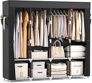 Portable Wardrobe Closet VTRIN Portable Closet for Hanging Clothes 67 Inch Wide Large Capacity Portable Wardrobe Closet with Cover, 4 Storage Shelves and 4 Hanging Rod Sturdy Free Standing Closet for Bedroom, Black