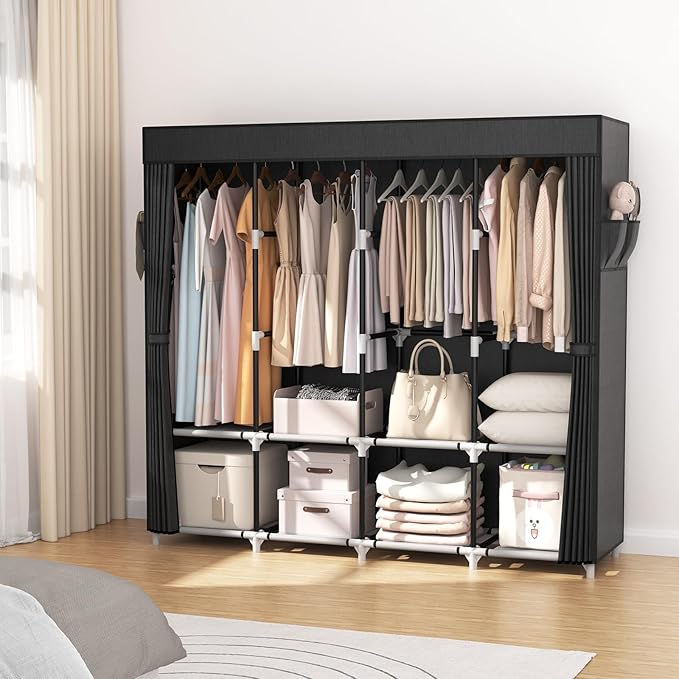 Portable Wardrobe Closet VTRIN Portable Closet for Hanging Clothes 67 Inch Wide Large Capacity Portable Wardrobe Closet with Cover, 4 Storage Shelves and 4 Hanging Rod Sturdy Free Standing Closet for Bedroom, Black