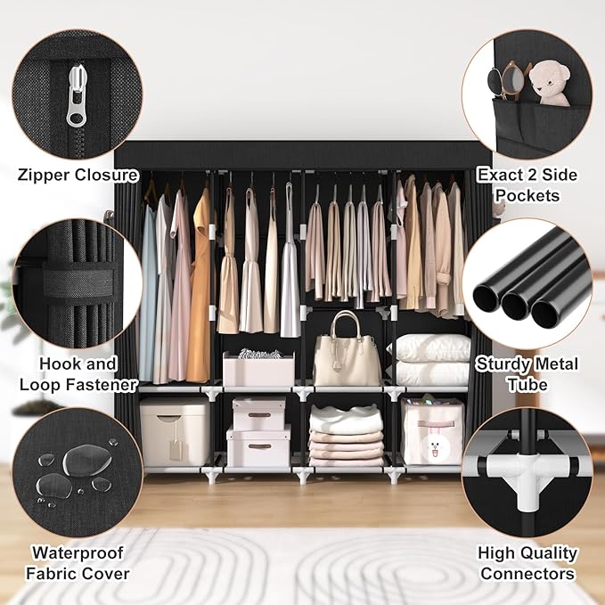 Portable Wardrobe Closet VTRIN Portable Closet for Hanging Clothes 67 Inch Wide Large Capacity Portable Wardrobe Closet with Cover, 4 Storage Shelves and 4 Hanging Rod Sturdy Free Standing Closet for Bedroom, Black