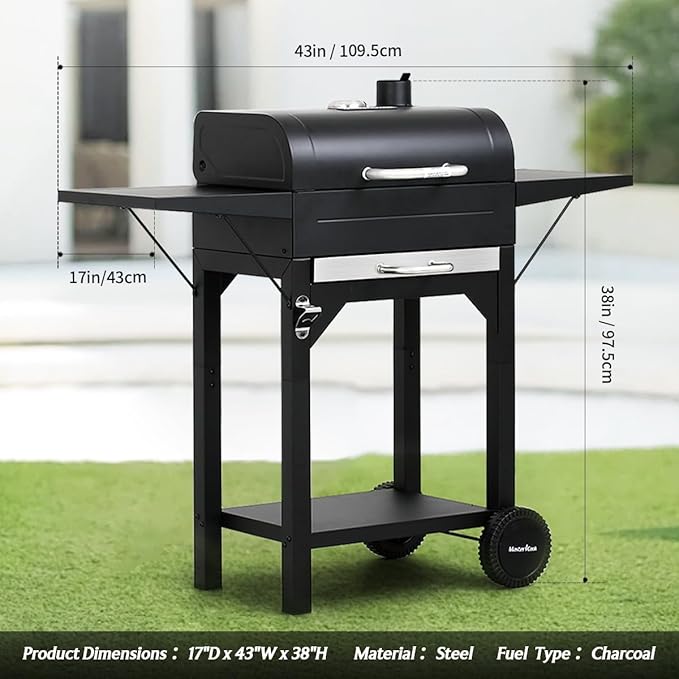 Outdoor Charcoal Grill MASTER COOK Charcoal Grill with Two Side Tables, Heavy-duty Steel Barbecue BBQ Grill for Outdoor Picnic Backyard Patio and Parties, Black