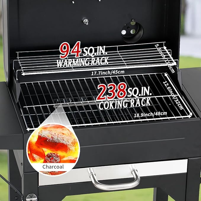 Outdoor Charcoal Grill MASTER COOK Charcoal Grill with Two Side Tables, Heavy-duty Steel Barbecue BBQ Grill for Outdoor Picnic Backyard Patio and Parties, Black