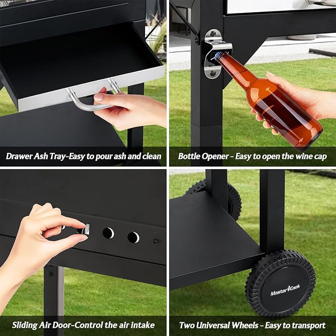 Outdoor Charcoal Grill MASTER COOK Charcoal Grill with Two Side Tables, Heavy-duty Steel Barbecue BBQ Grill for Outdoor Picnic Backyard Patio and Parties, Black