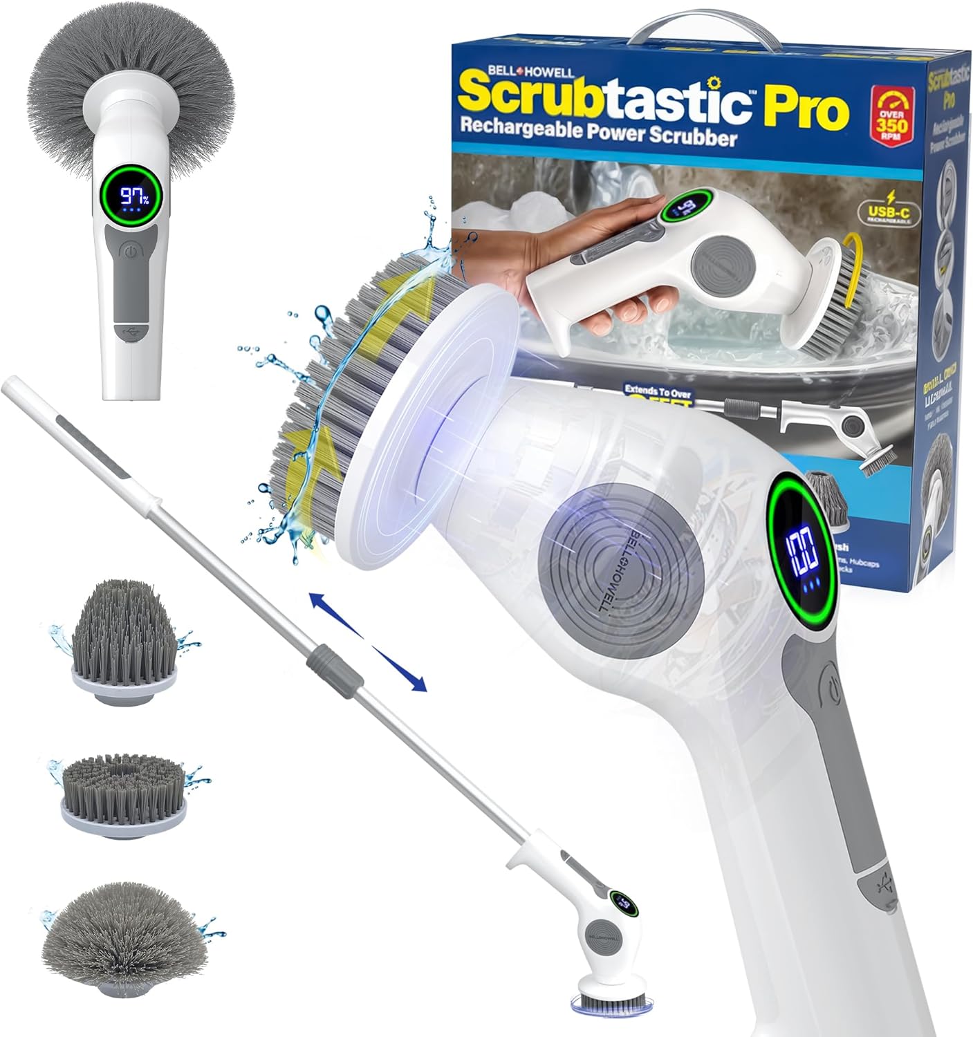 Scrubtastic Pro Rechargeable Power Scrubber sCRUBTASTIC PRO Electric Spin Scrubber, Electric Shower Scrubber – Rechargeable, Multipurpose Extendable Tile Cleaner, Bathroom, Floor & Grout Bathtub Power Scrubber with 3 Rotating Brush Heads