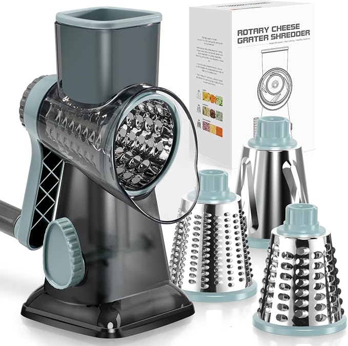 Rotary Cheese Grater Shredder KEOUKE Rotary Cheese Grater with Handle Vegetable Cheese Shredder Slicer Grater for Kitchen 3 Changeable Blades for Cheese Potato Zucchini Nuts Chocolate - GreyBlue