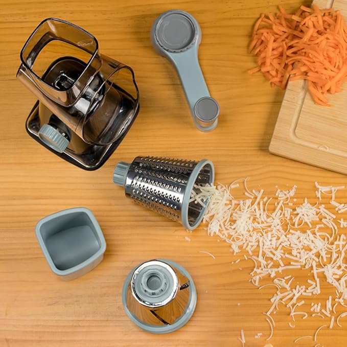 Rotary Cheese Grater Shredder KEOUKE Rotary Cheese Grater with Handle Vegetable Cheese Shredder Slicer Grater for Kitchen 3 Changeable Blades for Cheese Potato Zucchini Nuts Chocolate - GreyBlue