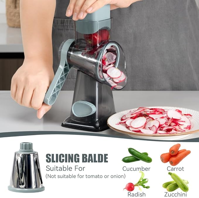 Rotary Cheese Grater Shredder KEOUKE Rotary Cheese Grater with Handle Vegetable Cheese Shredder Slicer Grater for Kitchen 3 Changeable Blades for Cheese Potato Zucchini Nuts Chocolate - GreyBlue