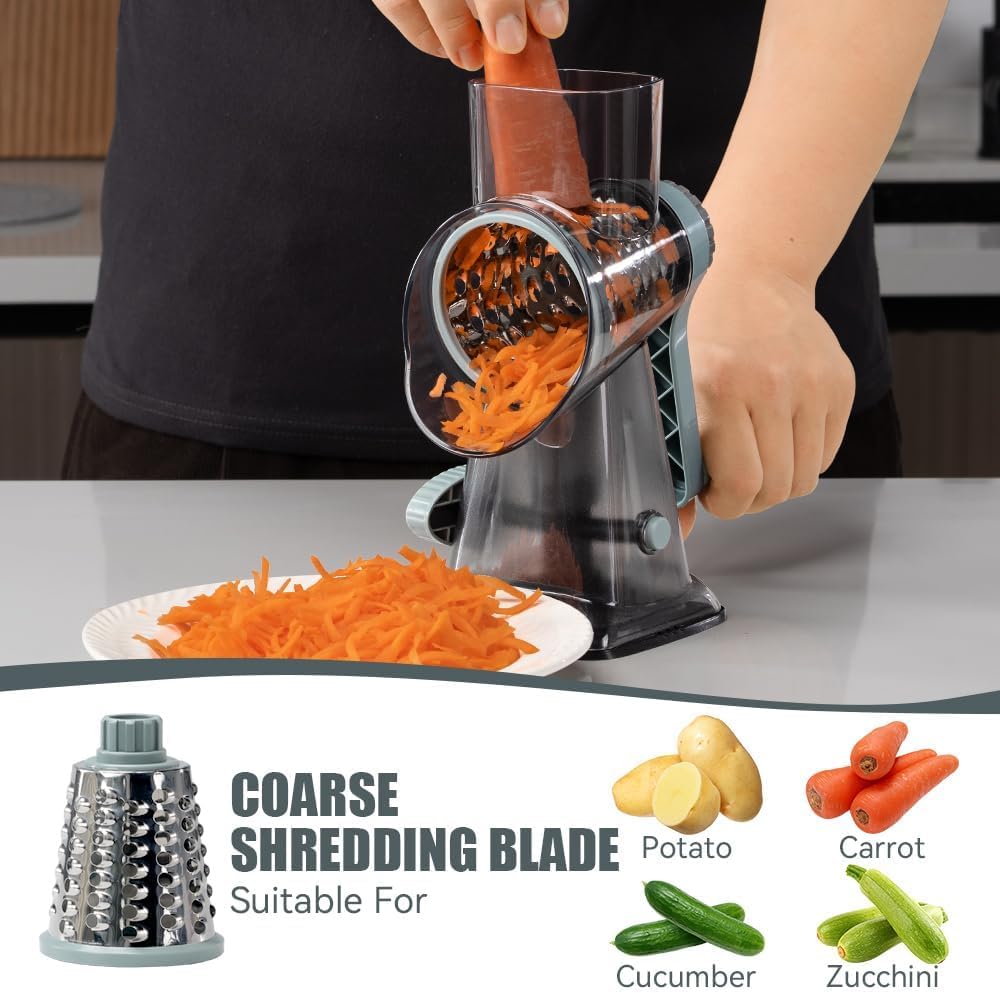 Rotary Cheese Grater Shredder KEOUKE Rotary Cheese Grater with Handle Vegetable Cheese Shredder Slicer Grater for Kitchen 3 Changeable Blades for Cheese Potato Zucchini Nuts Chocolate - GreyBlue