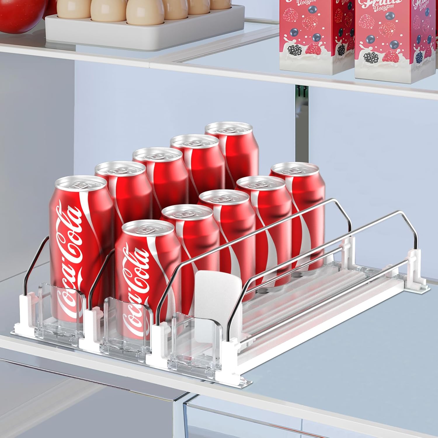 Refrigerator Can Organizer  IBORING Drink Organizer for Fridge,Self Pushing Fridge Drink Organizer,Automatic Drink Dispenser for Fridge-Holds up to 15 Cans, 14.96inch, White