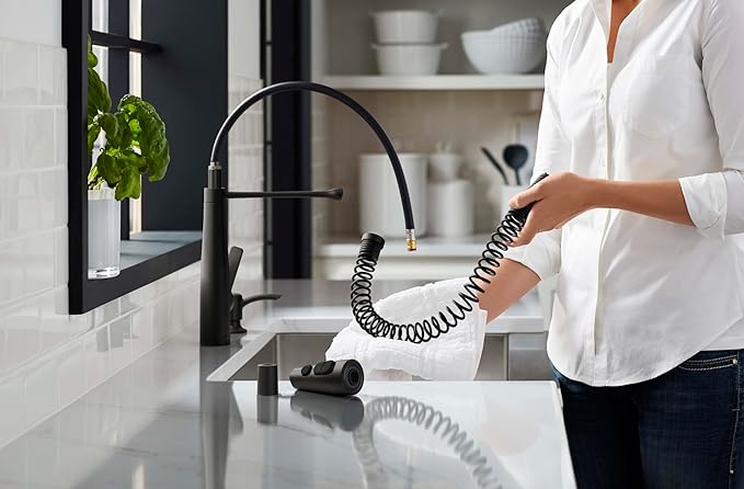 Matte Black Kitchen Faucet KOHLER K-REC22745-SD-BL Semi-Professional Kitchen Faucet with Soap Dispenser/Lotion Dispenser, Commercial Kitchen Sink Faucet with Pull-Down Sprayhead, Matte Black