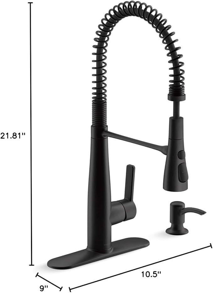 Matte Black Kitchen Faucet KOHLER K-REC22745-SD-BL Semi-Professional Kitchen Faucet with Soap Dispenser/Lotion Dispenser, Commercial Kitchen Sink Faucet with Pull-Down Sprayhead, Matte Black