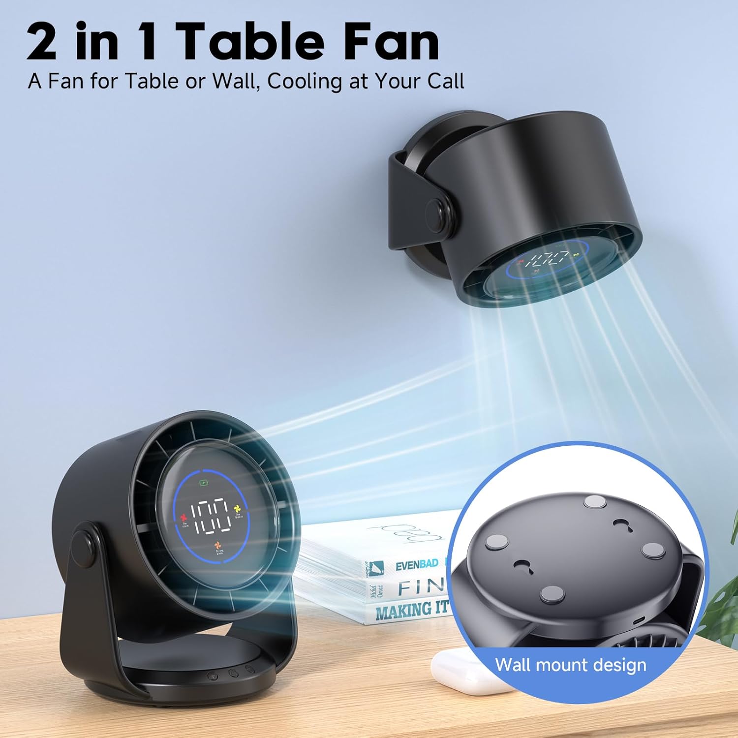 Digital Desk Fan with Temperature Display Table Fans, Quiet Wall-Mounted Desk Fan, Digital Display Rechargeable USB Fan, 105°Tilt, 100 Speeds, Long Lasting Power, Portable Fan for Home Office Kitchen Travel Camping