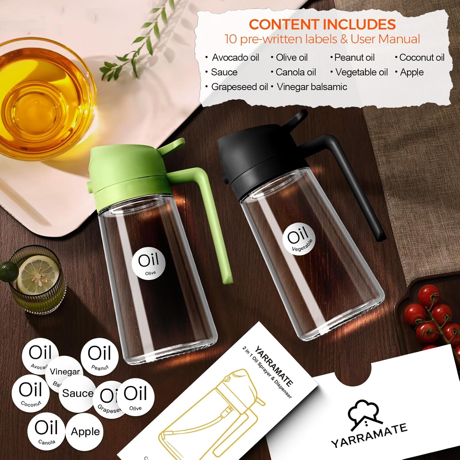 Oil Dispenser Bottle YRRAMATE 16oz/470ml Glass Olive Oil Sprayer for Cooking with Stickers, 2 in 1 Oil Dispenser for Kitchen Gadgets, Food Grade Premium Spray Bottle with Portion Control for Salad, Frying, BBQ (Black)