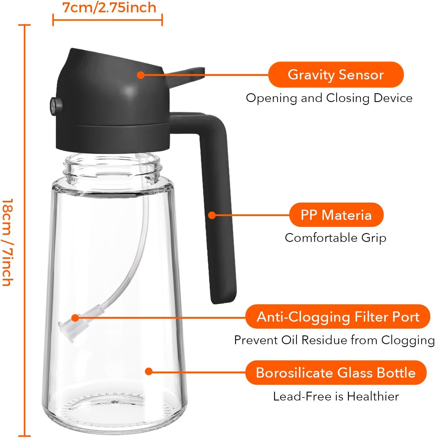 Oil Dispenser Bottle YRRAMATE 16oz/470ml Glass Olive Oil Sprayer for Cooking with Stickers, 2 in 1 Oil Dispenser for Kitchen Gadgets, Food Grade Premium Spray Bottle with Portion Control for Salad, Frying, BBQ (Black)