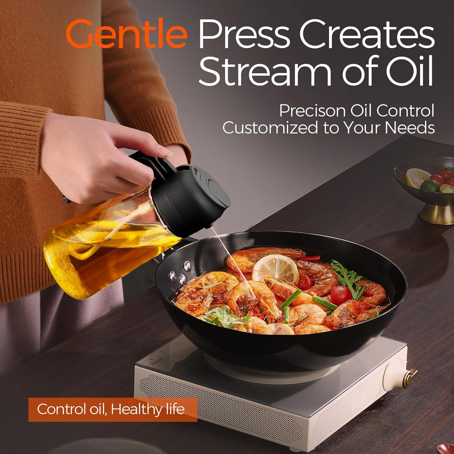 Oil Dispenser Bottle YRRAMATE 16oz/470ml Glass Olive Oil Sprayer for Cooking with Stickers, 2 in 1 Oil Dispenser for Kitchen Gadgets, Food Grade Premium Spray Bottle with Portion Control for Salad, Frying, BBQ (Black)