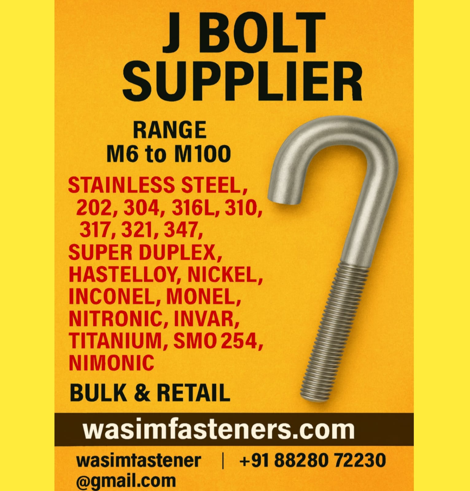 J Bolt Supplier | SS 304, SS 316, B7, B16, Alloy Steel, High Tensile – Wasim Fasteners