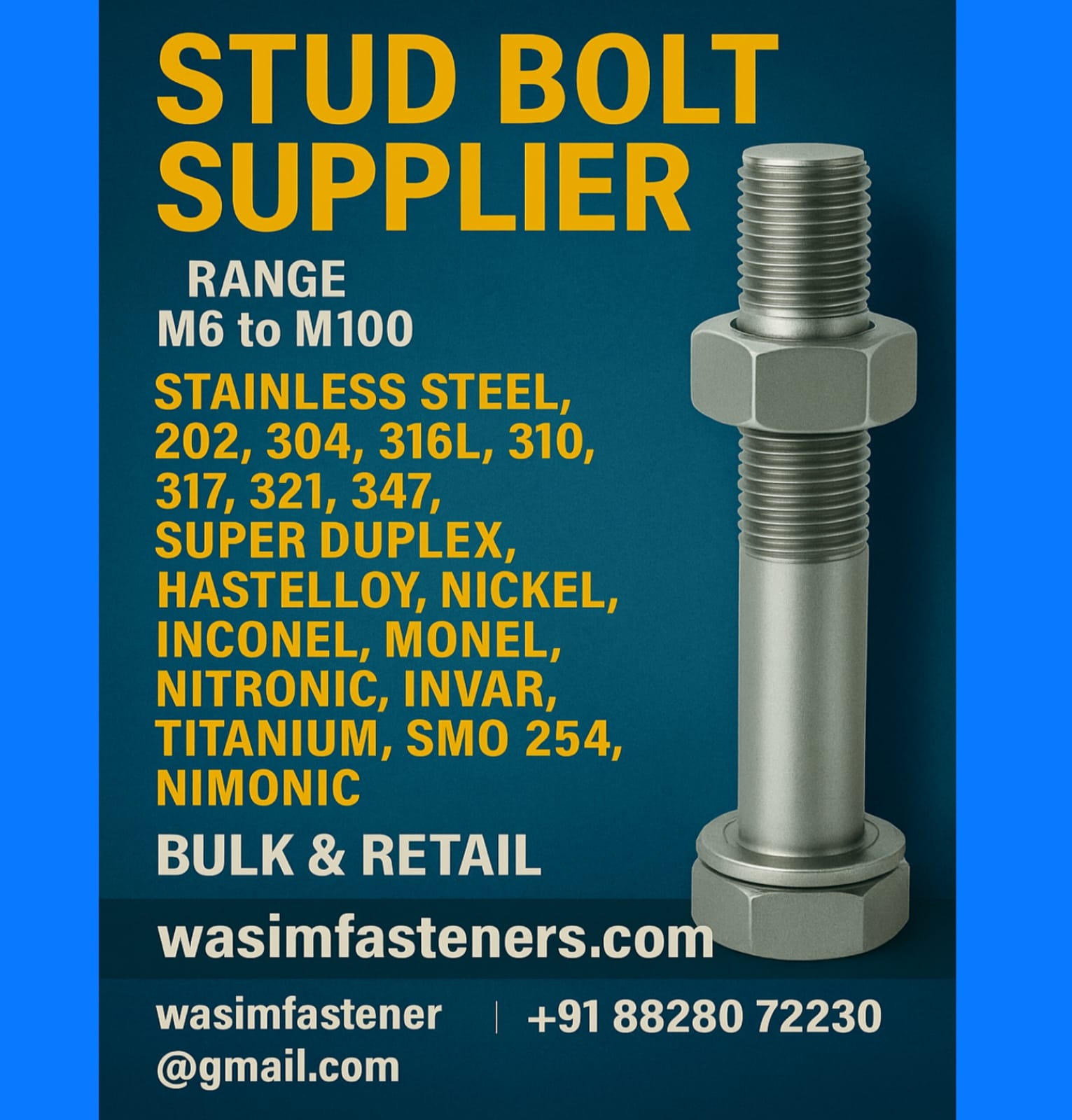 Stud Bolt Supplier | SS 304, SS 316, B7, B16, Alloy Steel, High Tensile – Wasim Fasteners