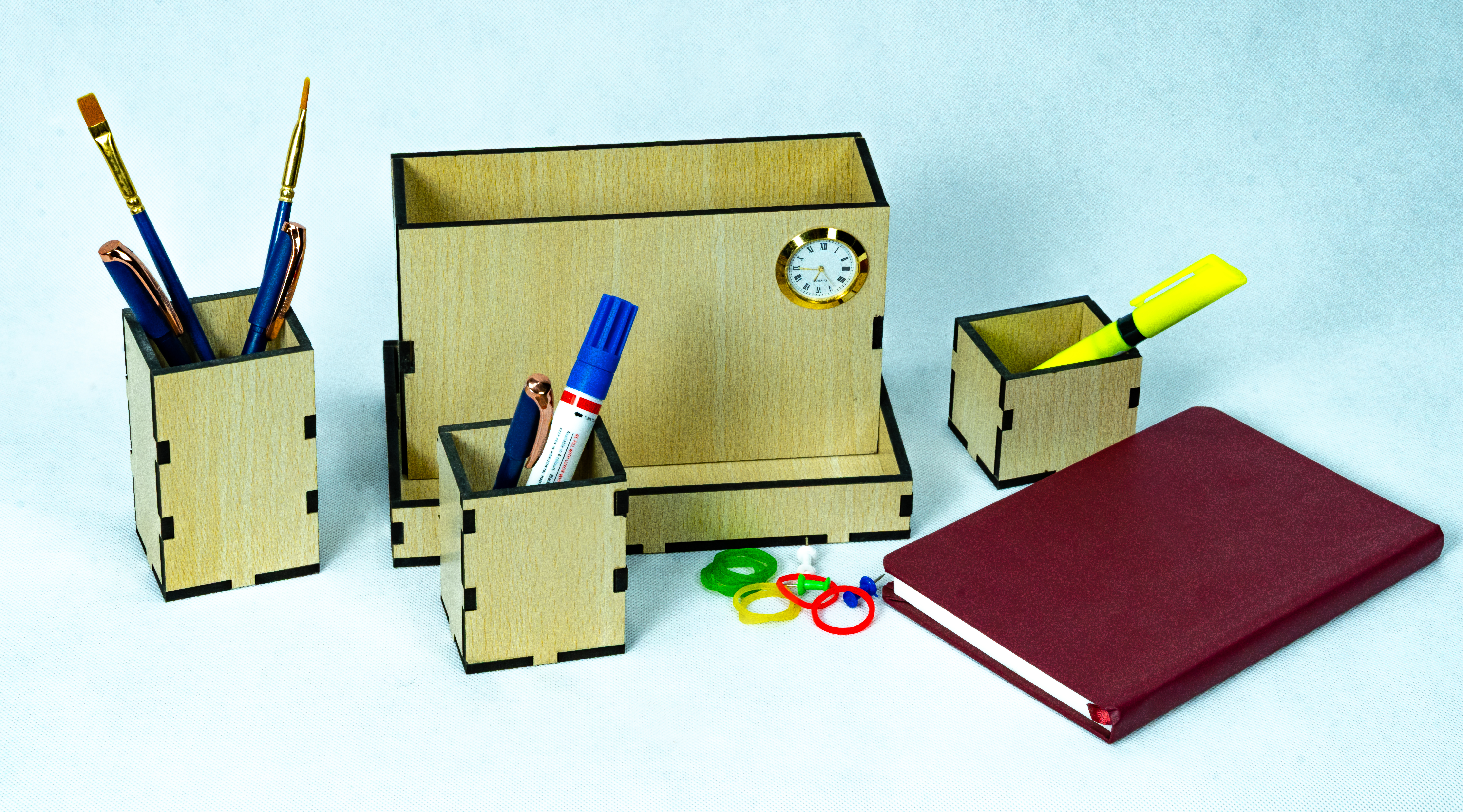 Wooden Desk Organizer with Clock