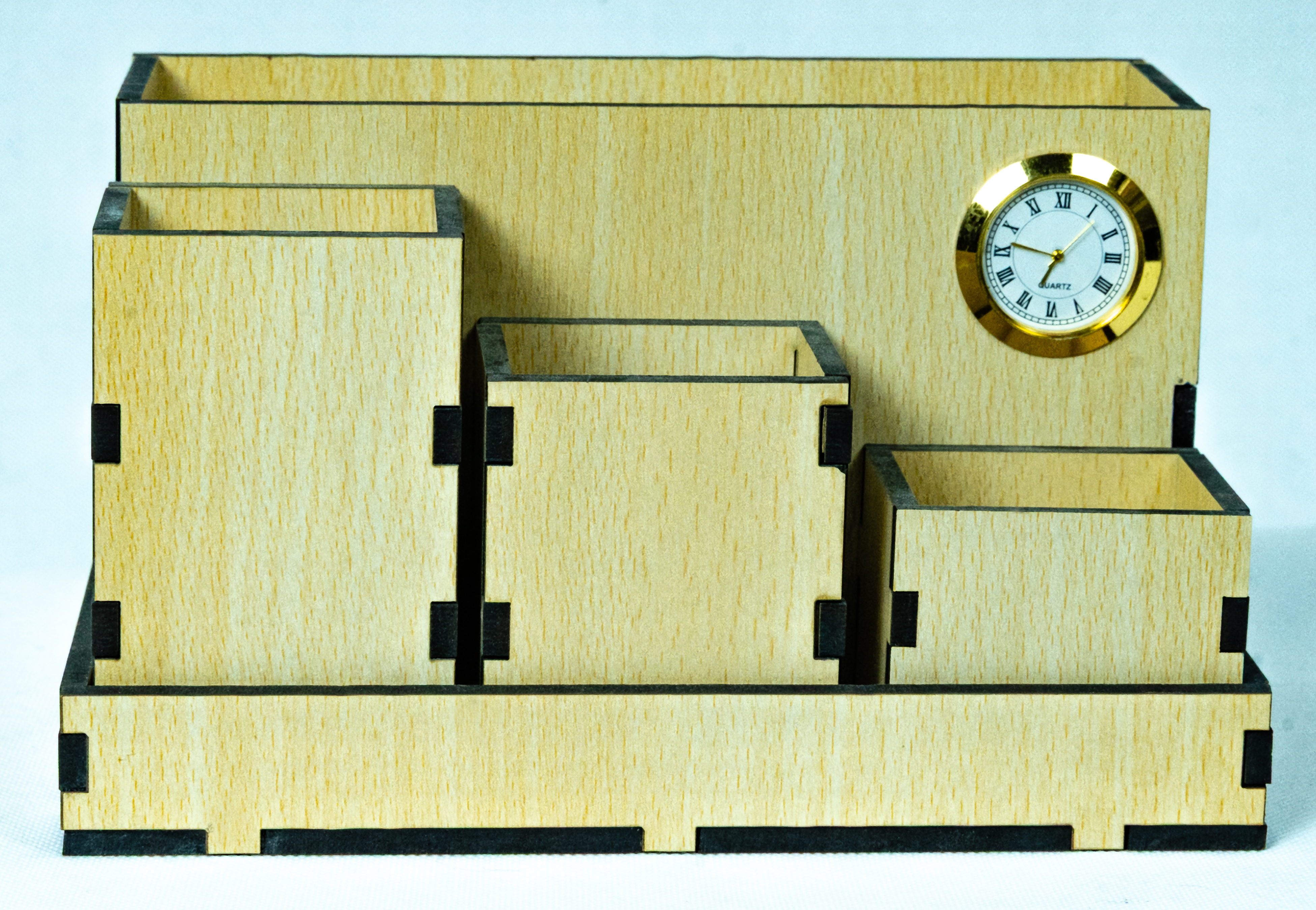 Wooden Desk Organizer with Clock