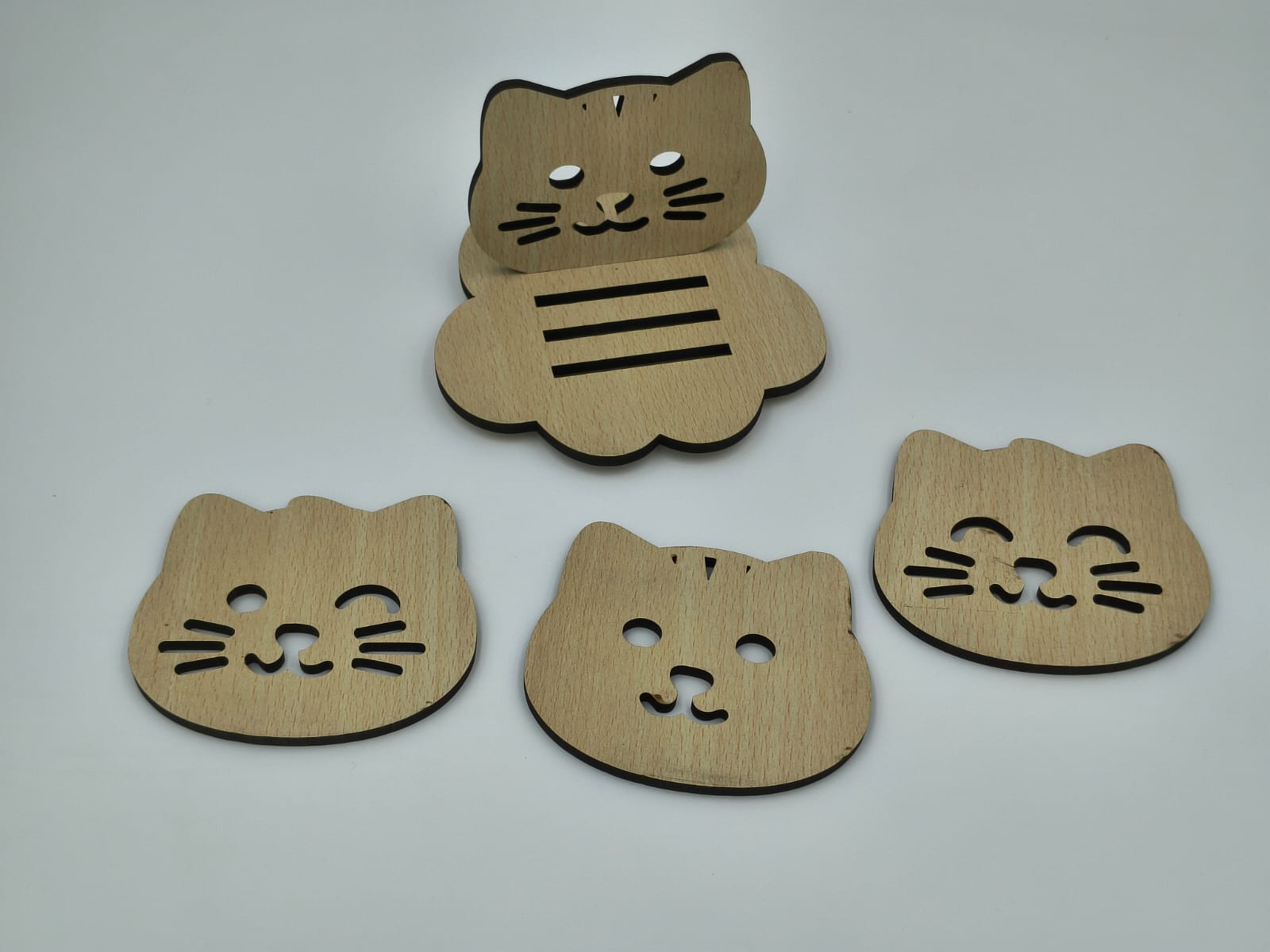 Wooden Cat Coaster Set