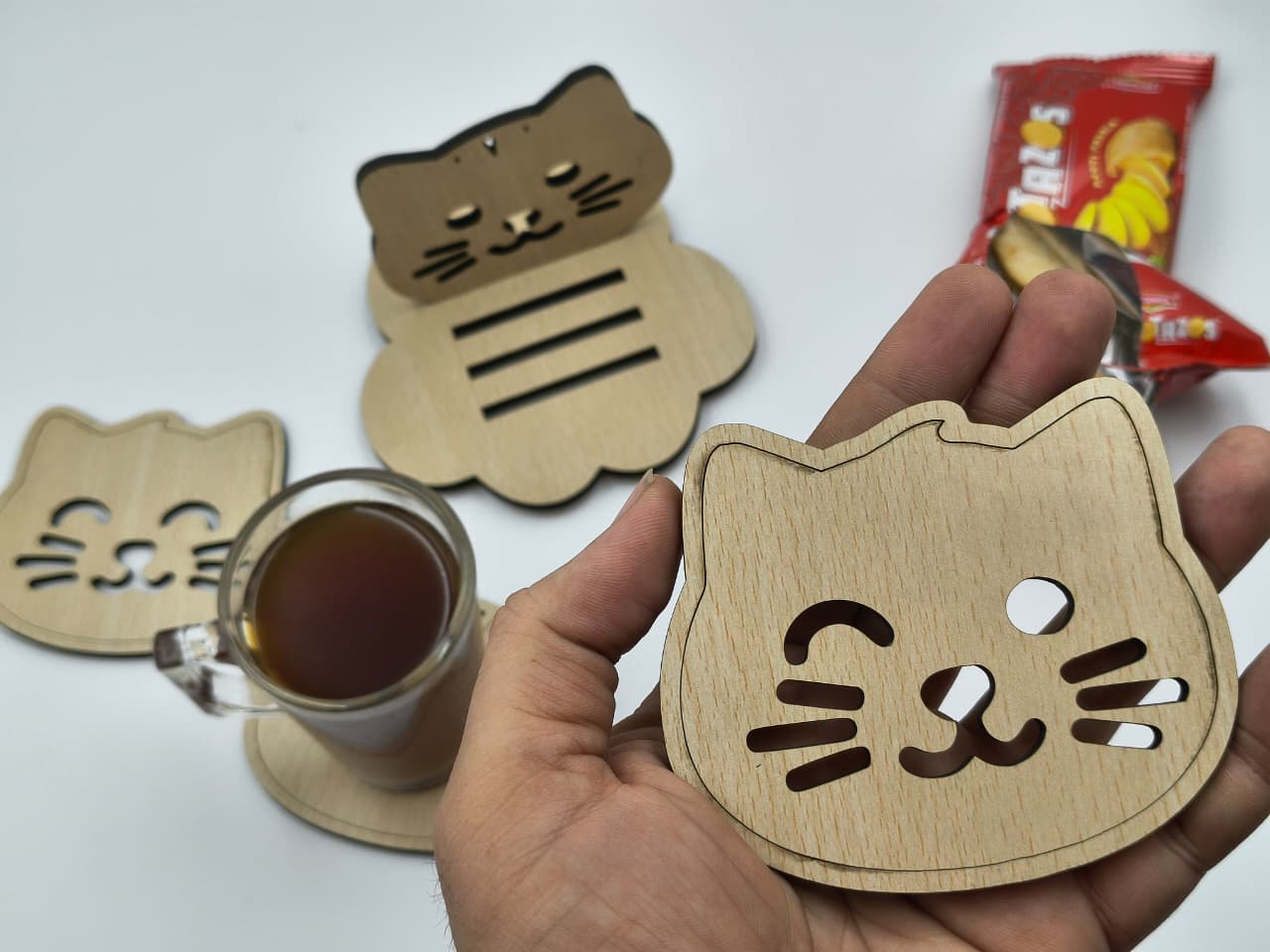 Wooden Cat Coaster Set