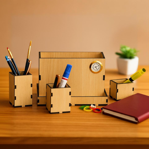 Wooden Desk Organizer with Clock