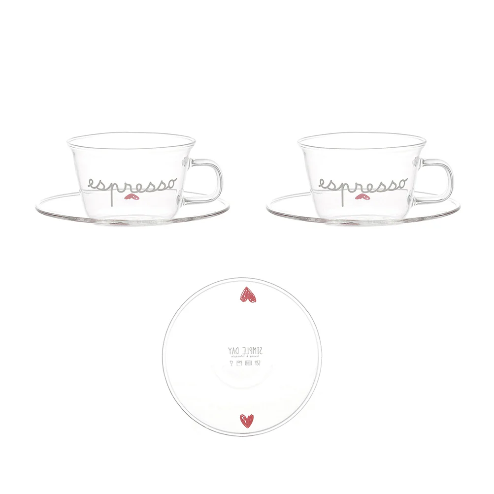 Set 2 tazzine vetro caffè con piattino "Espresso cuori rossi"