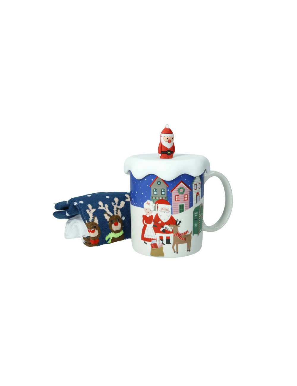 Mug in ceramica con tappo babbo natale in silicone e calzini in cotone