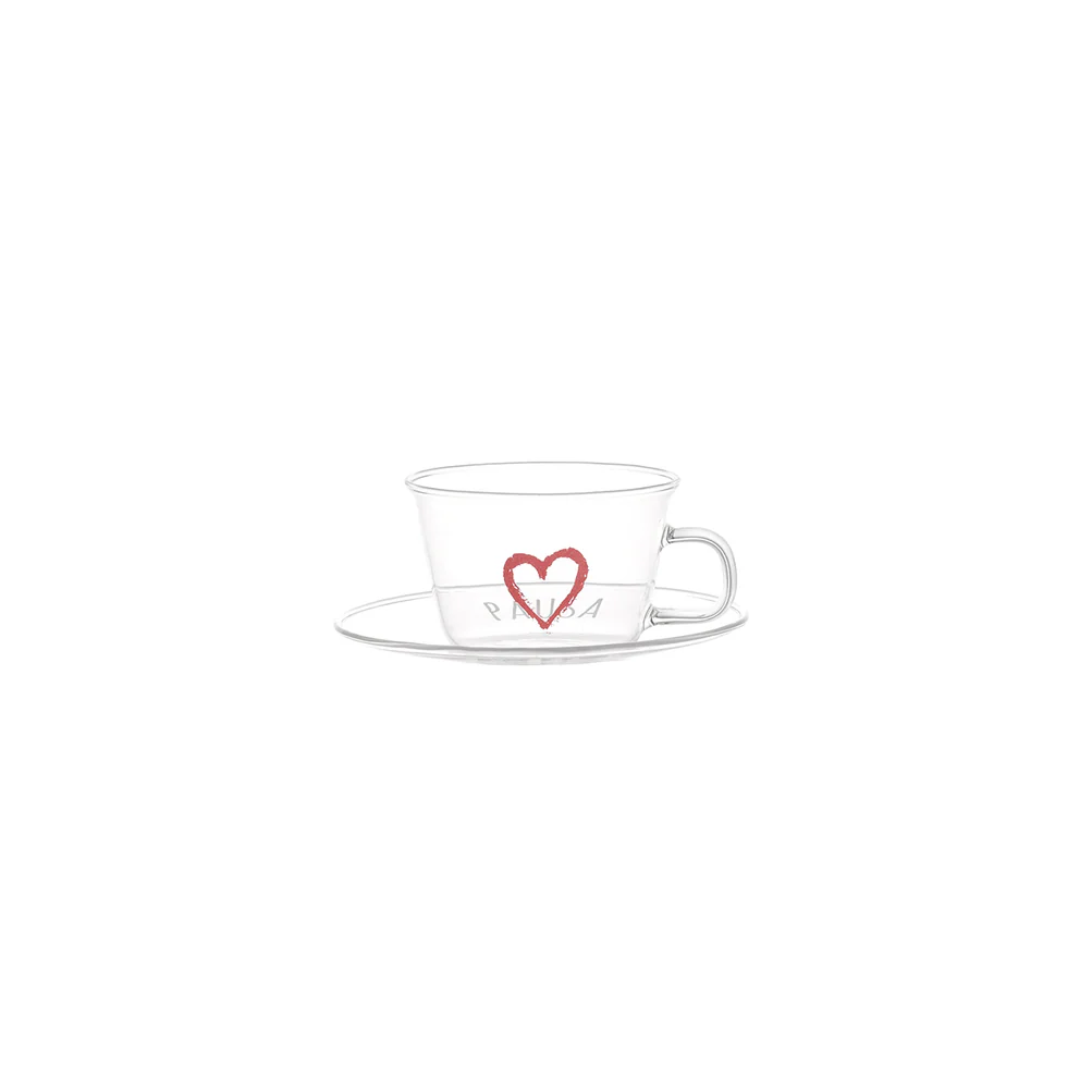 Set 2 tazzine vetro caffè con piattino "Pausa caffè cuore rosso"