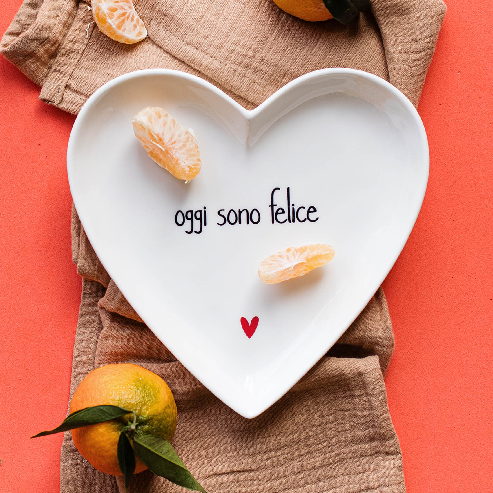Set 2 piattini cuore in ceramica "oggi sono felice"