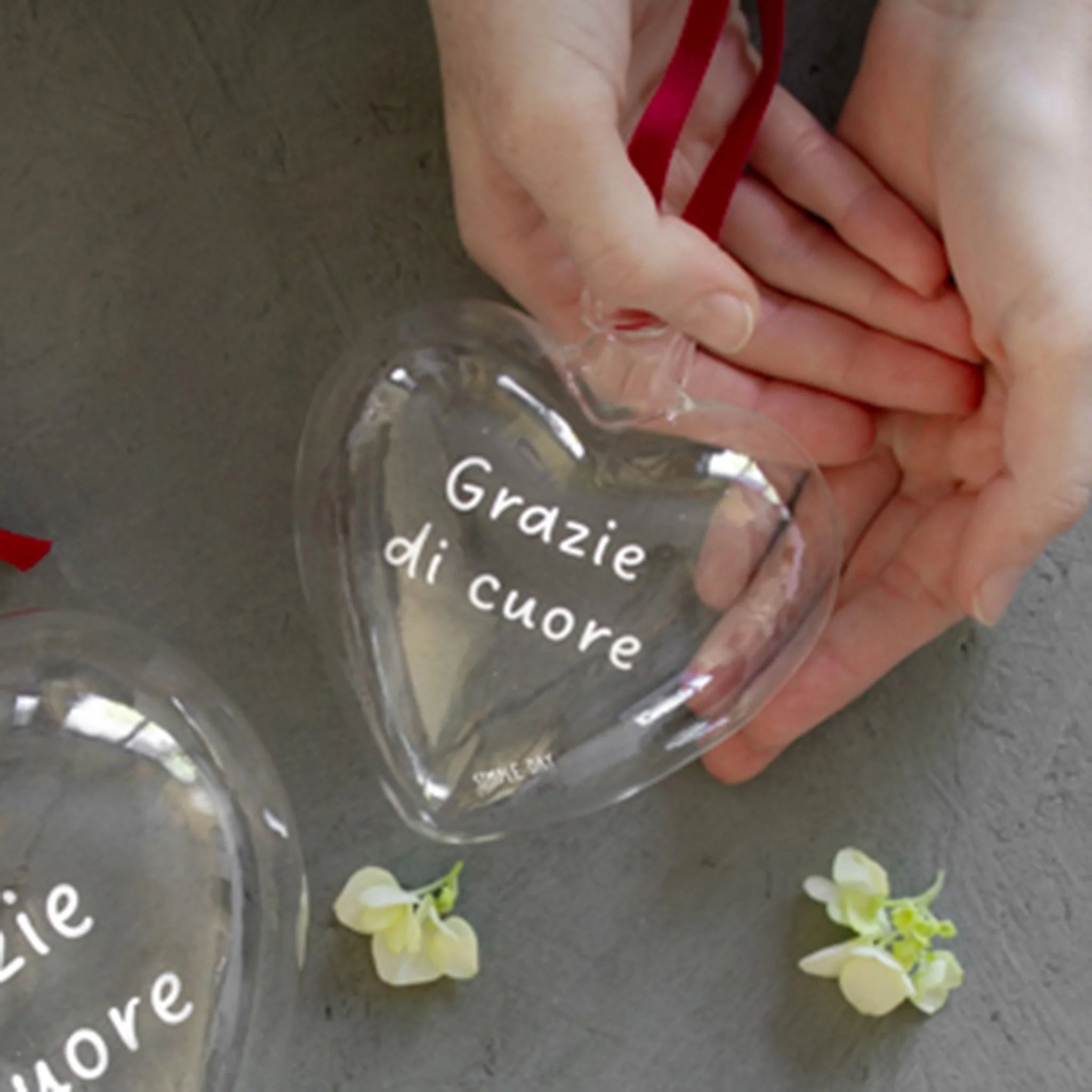 Pallina cuore vetro "Grazie di cuore" 