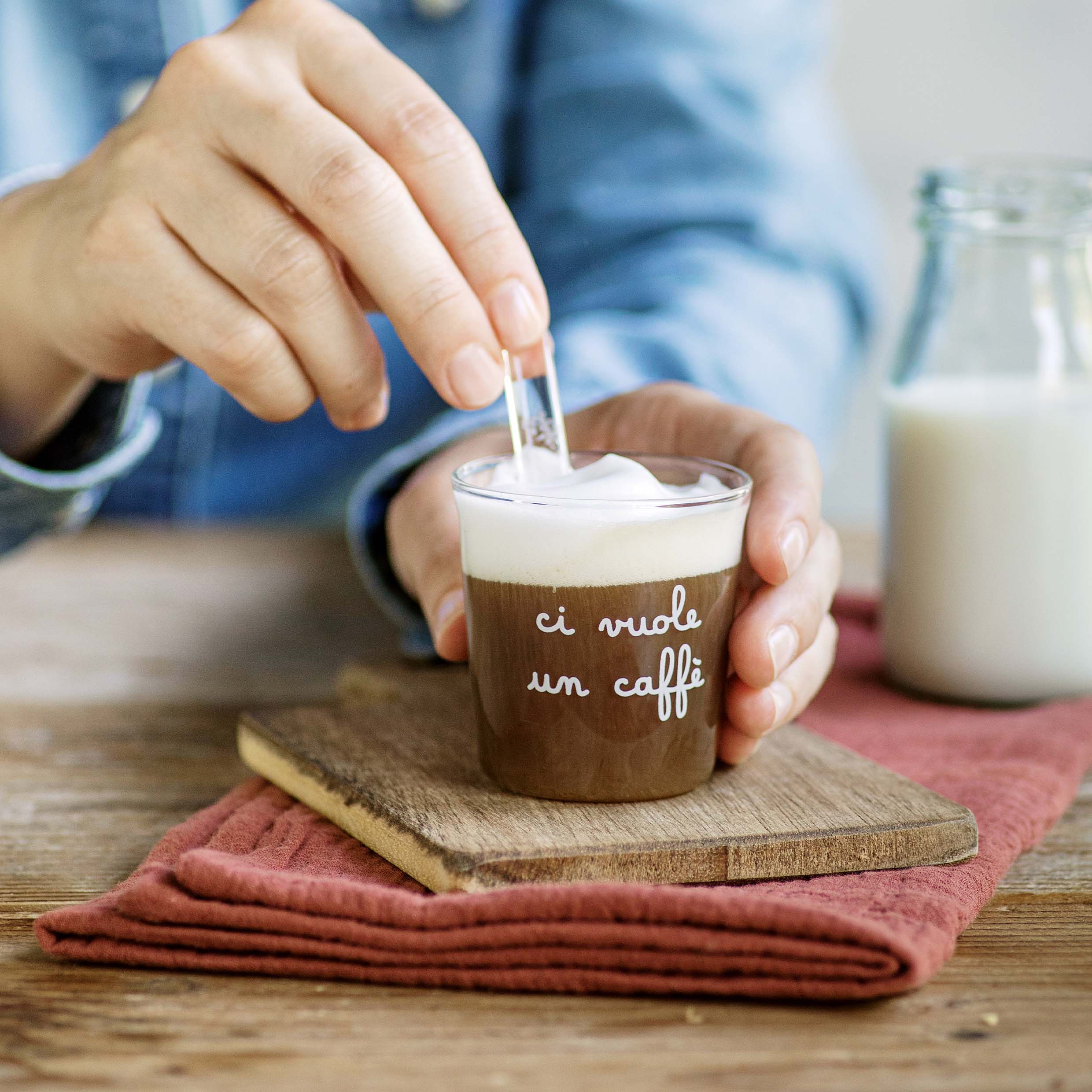 Set 4 bicchierini con bacchettine vetro "Ci vuole un caffè"