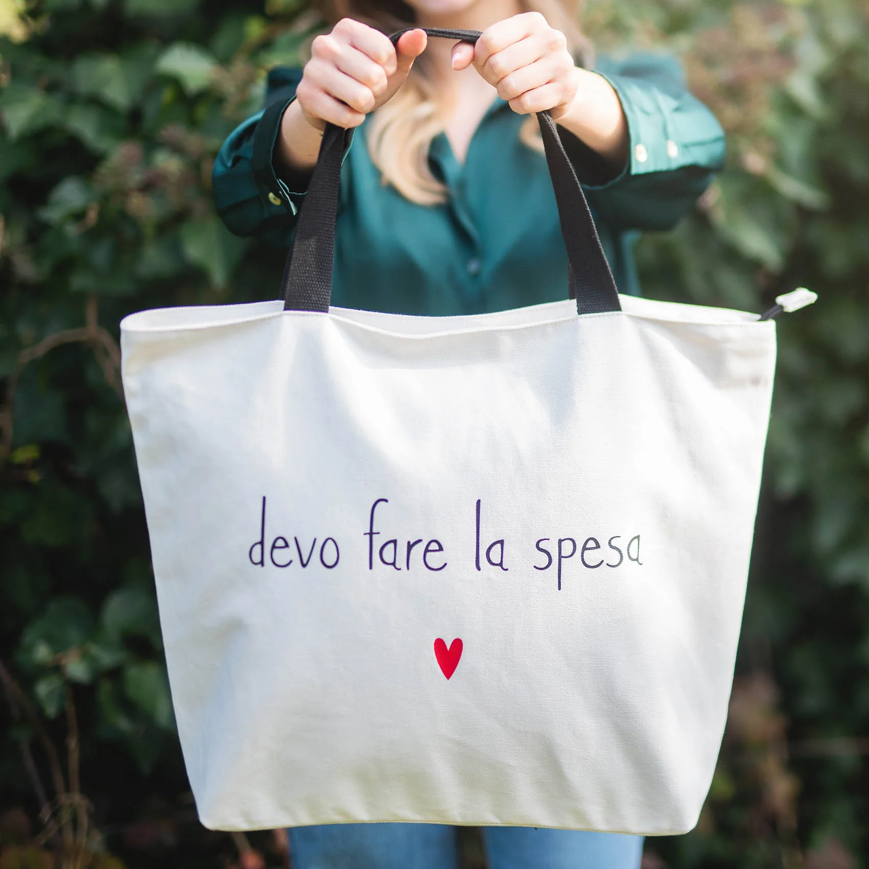 Borsa in canvas bianca "Devo fare la spesa"