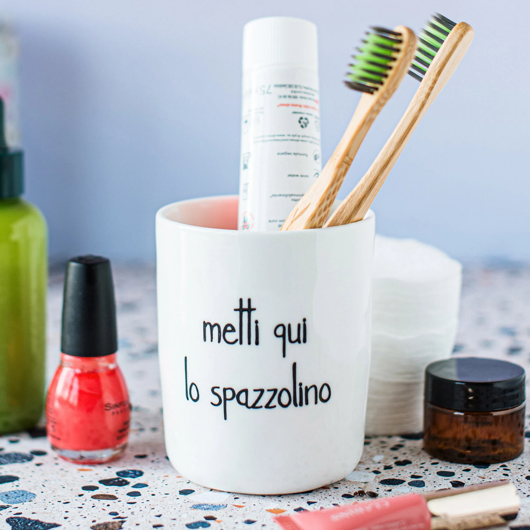 Portaspazzolino in ceramica "Metti qui lo spazzolino"
