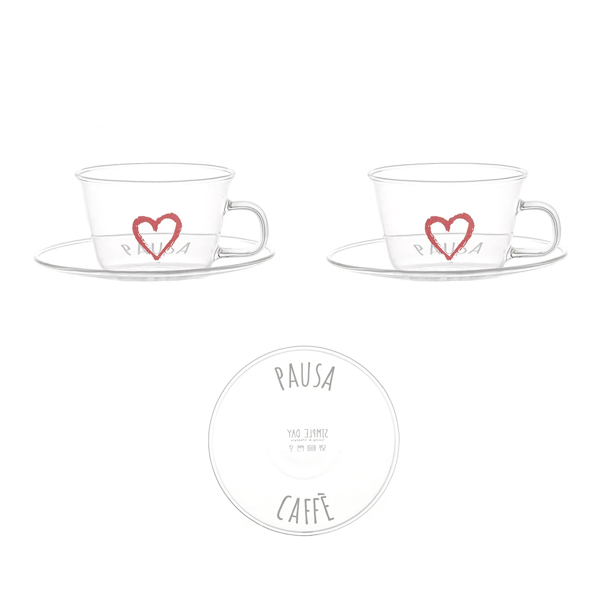 Set 2 tazzine vetro caffè con piattino "Pausa caffè cuore rosso"