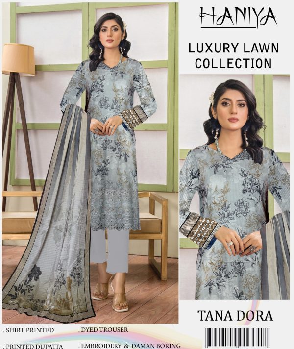 Haniya 3 Piece Digital Printed Doriya Shirt With Front Shifli Boring Daman Chickenkari/unstitched Suit New Collection For Womens