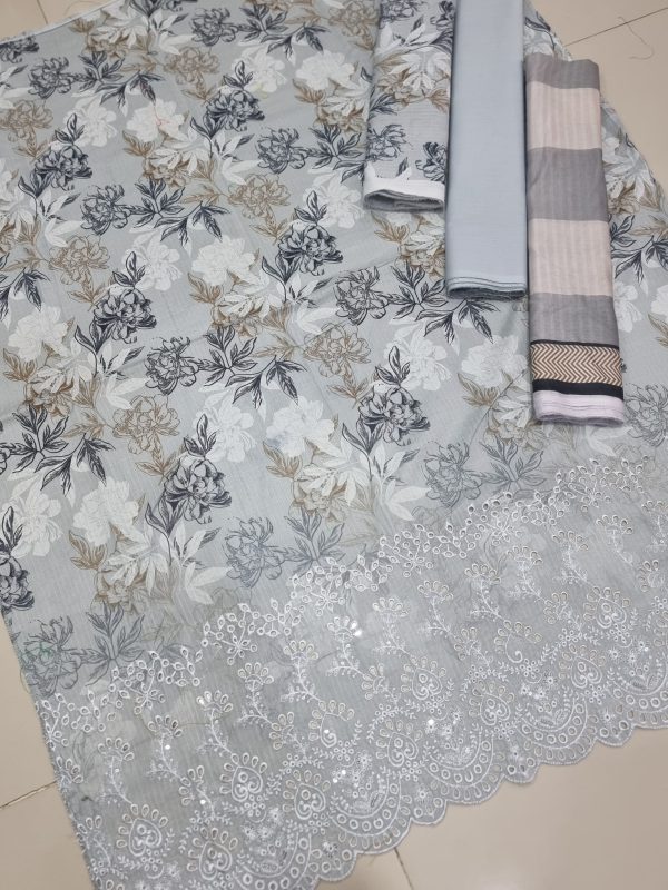 Haniya 3 Piece Digital Printed Doriya Shirt With Front Shifli Boring Daman Chickenkari/unstitched Suit New Collection For Womens