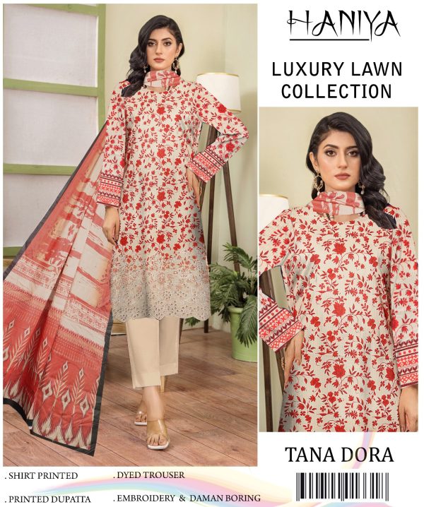 ✨ Haniya ✨ 3 Piece Digital Printed Doriya Shirt With Front Shifli Boring Daman Chickenkari/unstitched Suit New Collection For Womens