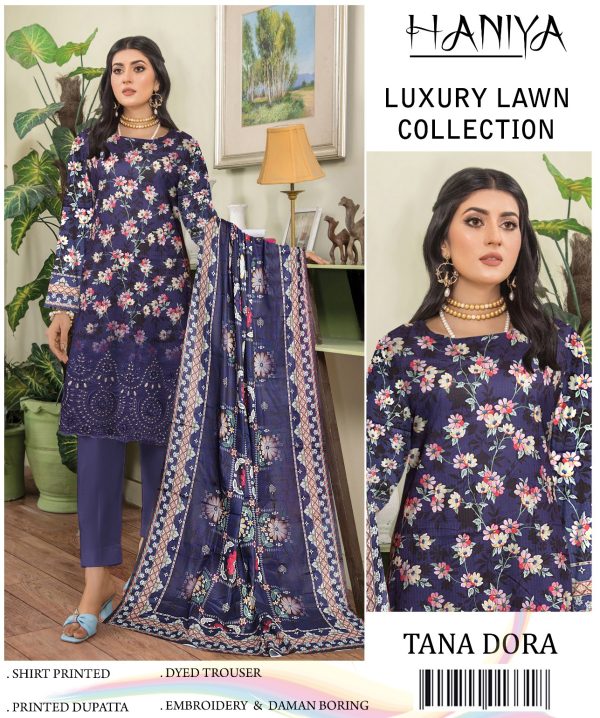 Haniya 3 Piece Digital Printed Doriya Shirt With Front Shifli Boring Daman Chickenkari/unstitched Suit New Collection For Womens