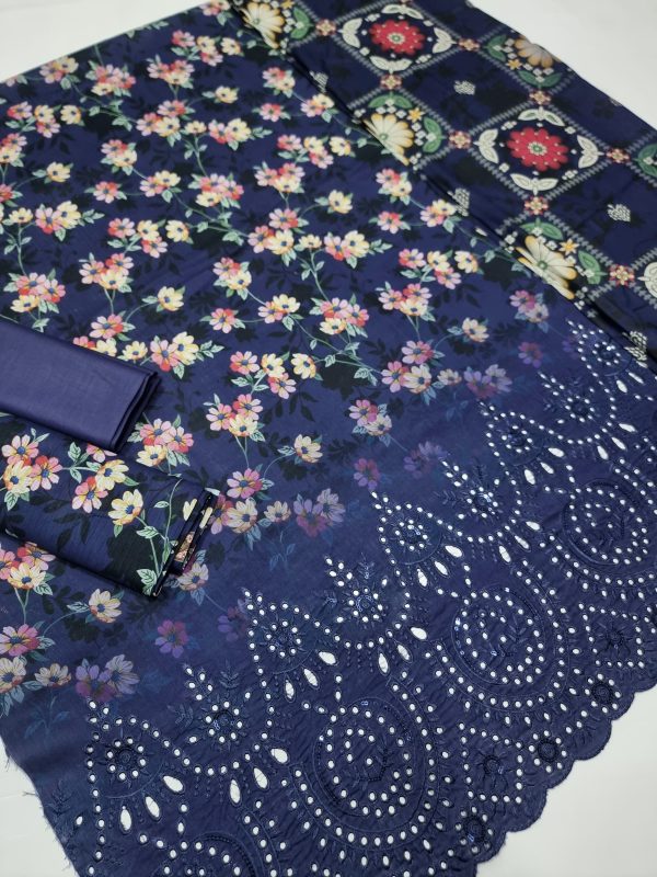 Haniya 3 Piece Digital Printed Doriya Shirt With Front Shifli Boring Daman Chickenkari/unstitched Suit New Collection For Womens