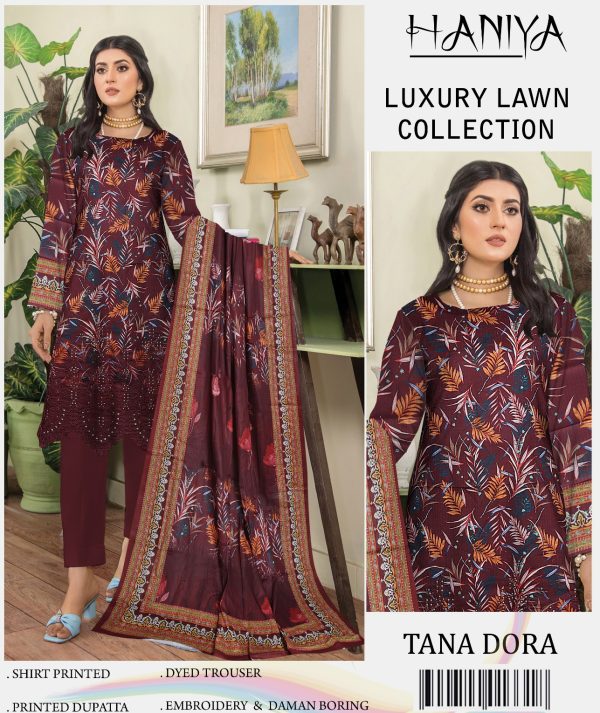 Haniya 3 Piece Digital Printed Doriya Shirt With Front Shifli Boring Daman Chickenkari/unstitched Suit New Collection For Womens