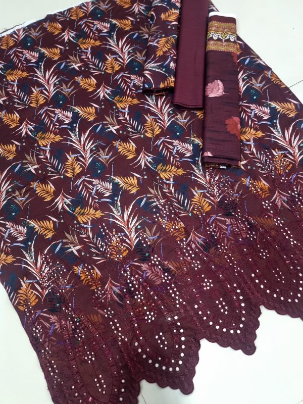 Haniya 3 Piece Digital Printed Doriya Shirt With Front Shifli Boring Daman Chickenkari/unstitched Suit New Collection For Womens