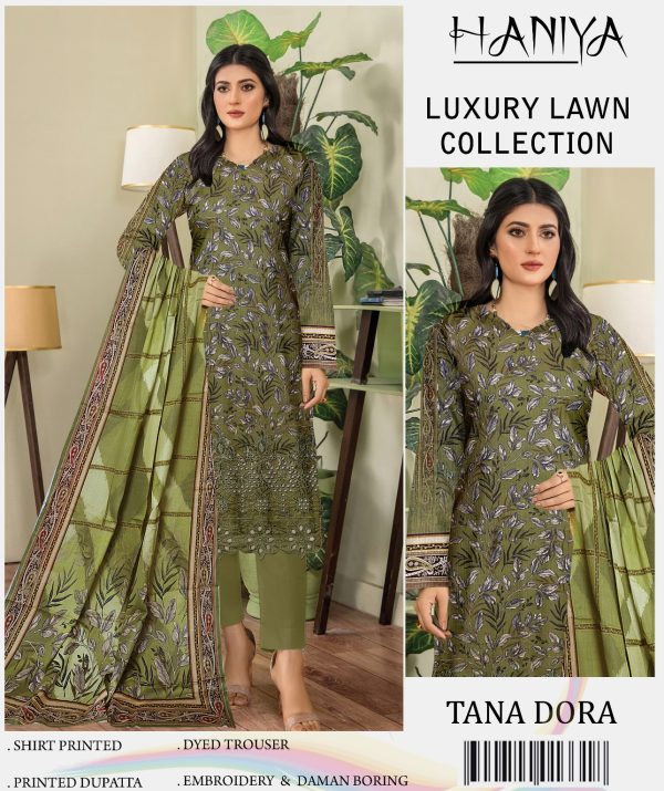 Haniya 3 Piece Digital Printed Doriya Shirt With Front Shifli Boring Daman Chickenkari/unstitched Suit New Collection For Womens