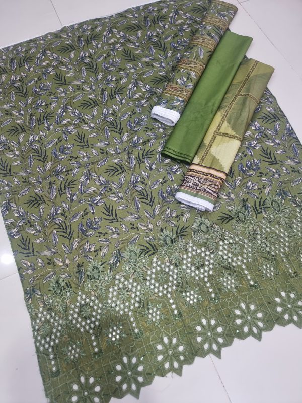Haniya 3 Piece Digital Printed Doriya Shirt With Front Shifli Boring Daman Chickenkari/unstitched Suit New Collection For Womens