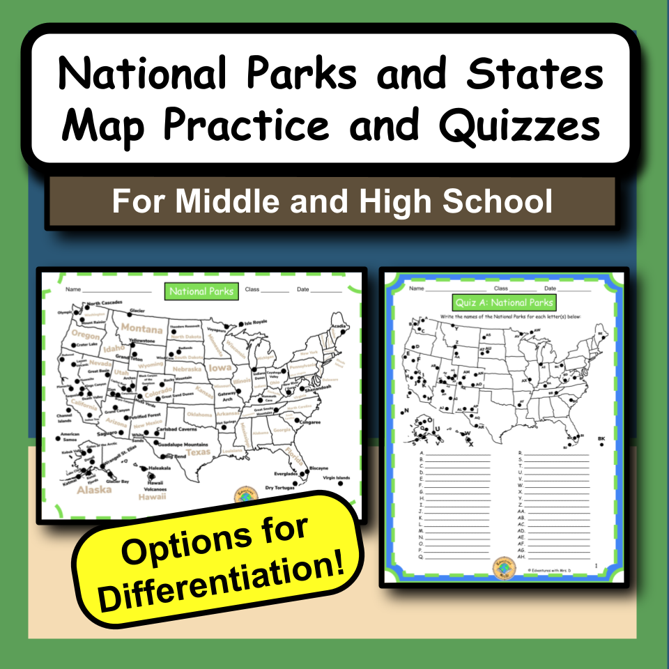 US National Parks and States Maps Worksheets and Quizzes for Geography