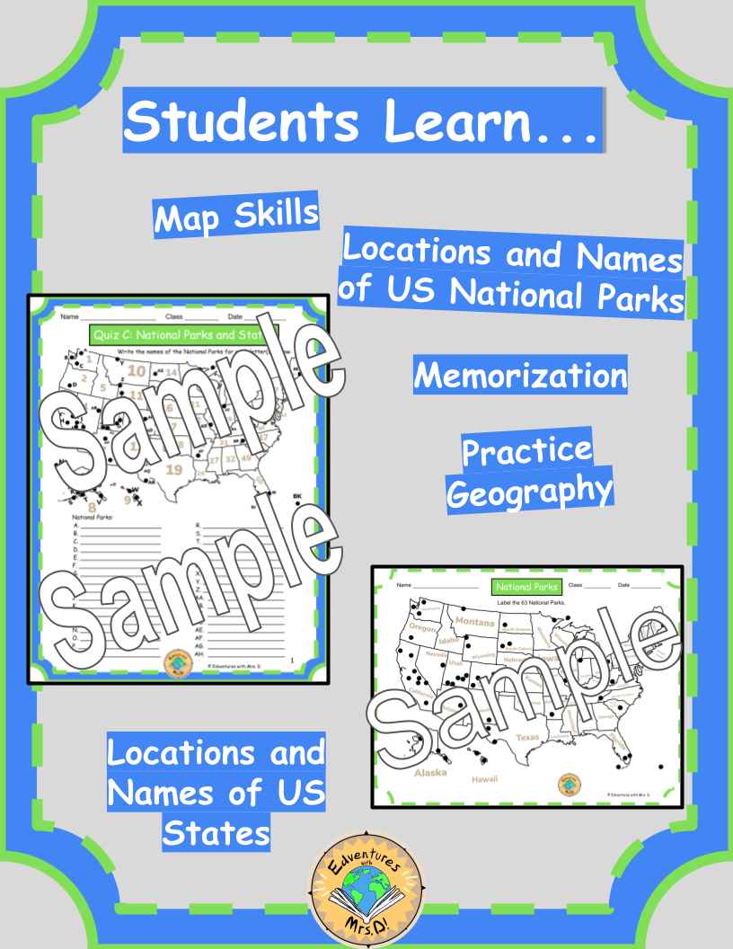 US National Parks and States Maps Worksheets and Quizzes for Geography